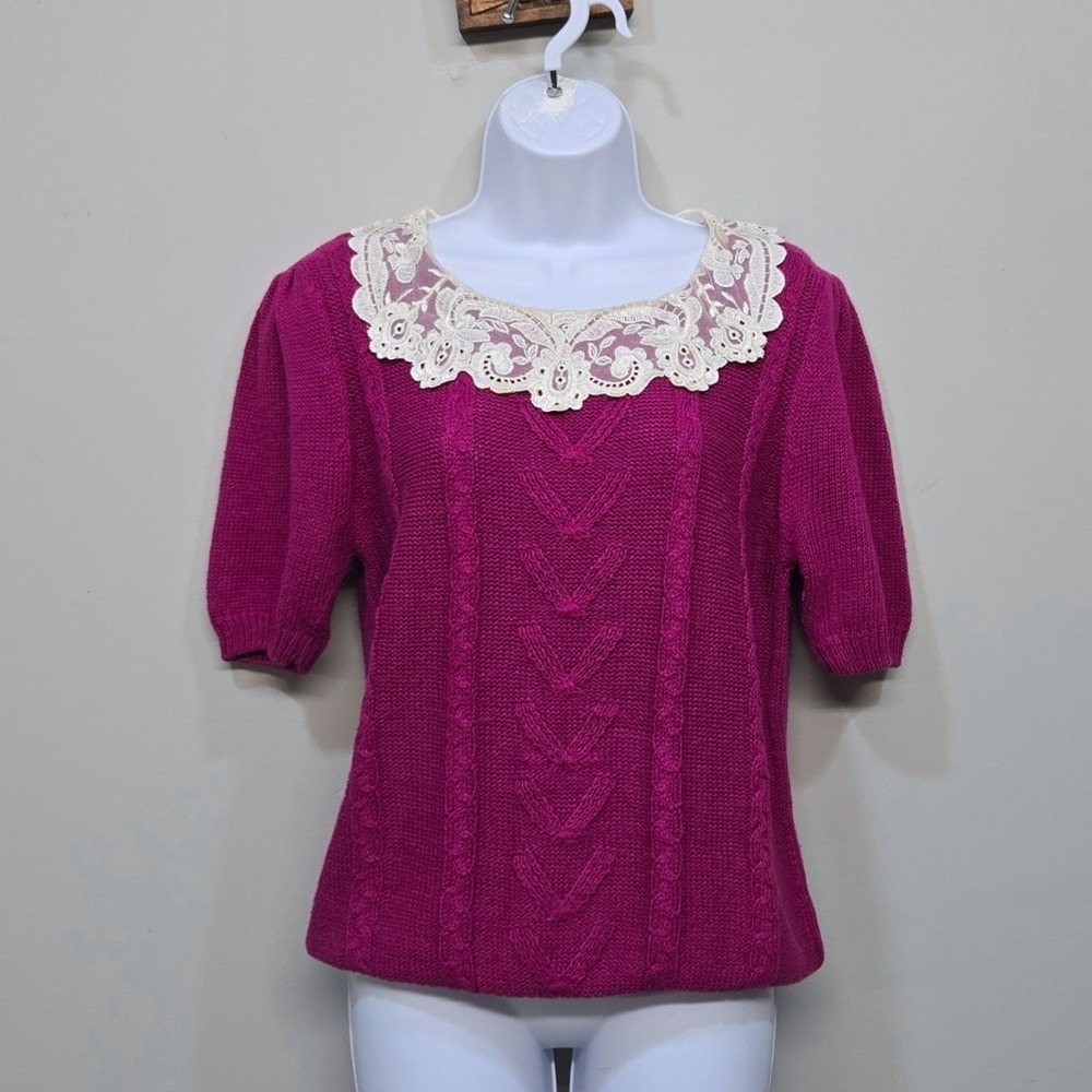 Vintage 80s Sweater Medium Pink Lace Bib Collar Puff Sleeve Coquette Academia